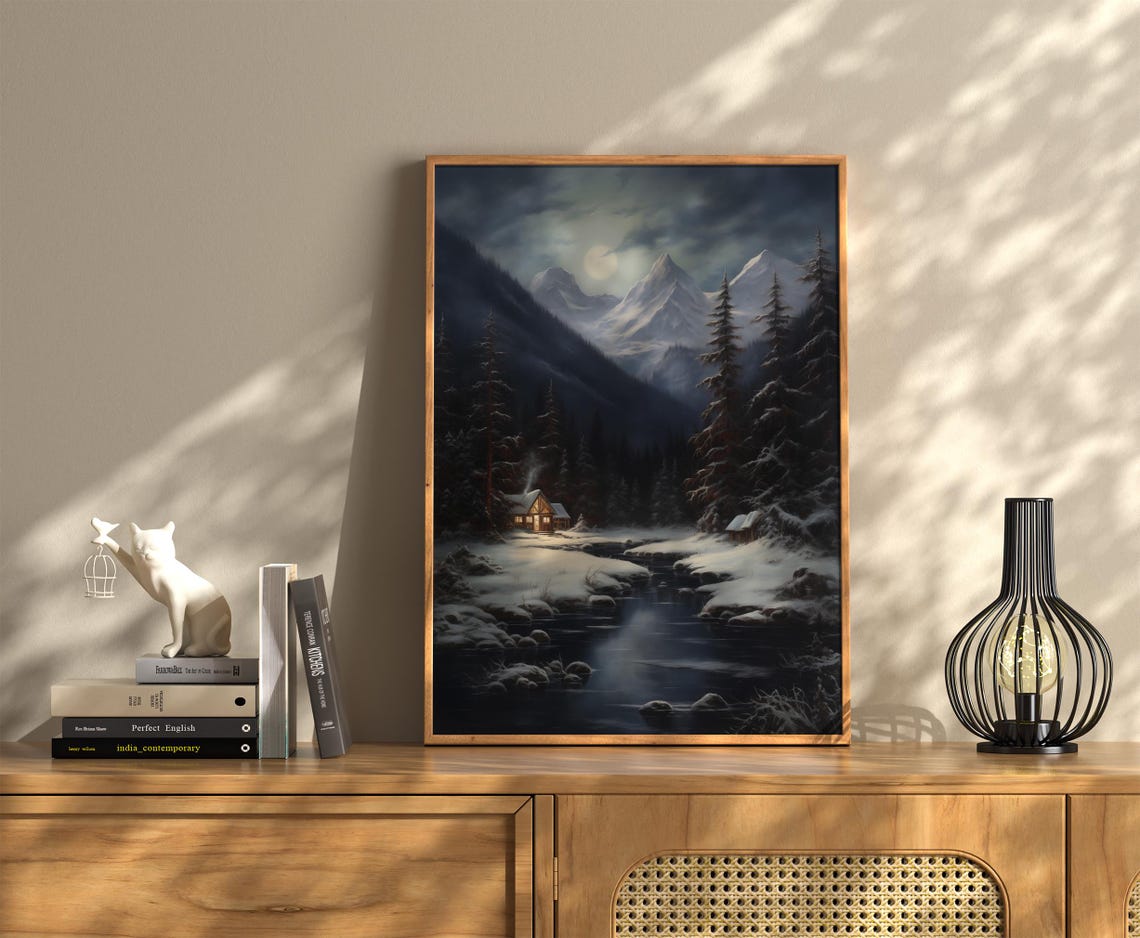 Moonlit Snowy Mountain Night With Glowing Cabin And Stream Poster - Image 3