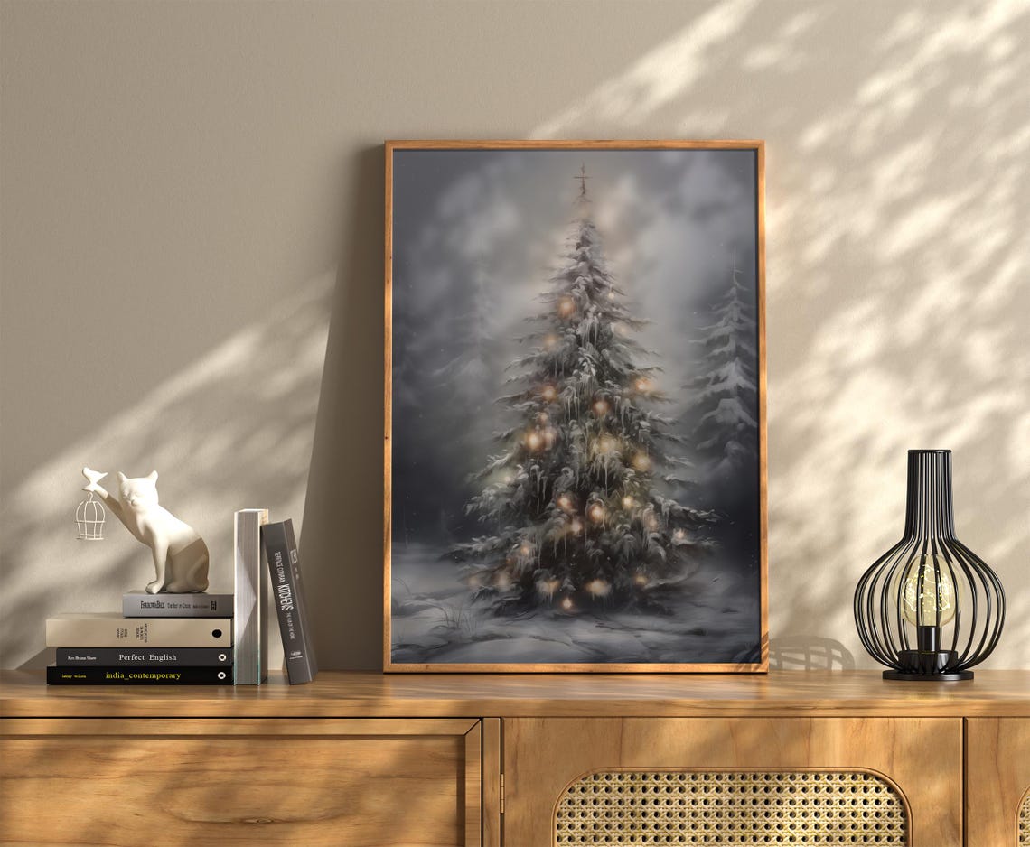 Snowy Christmas Tree Warm Lights Glowing Icy Winter Night Poster - Image 2