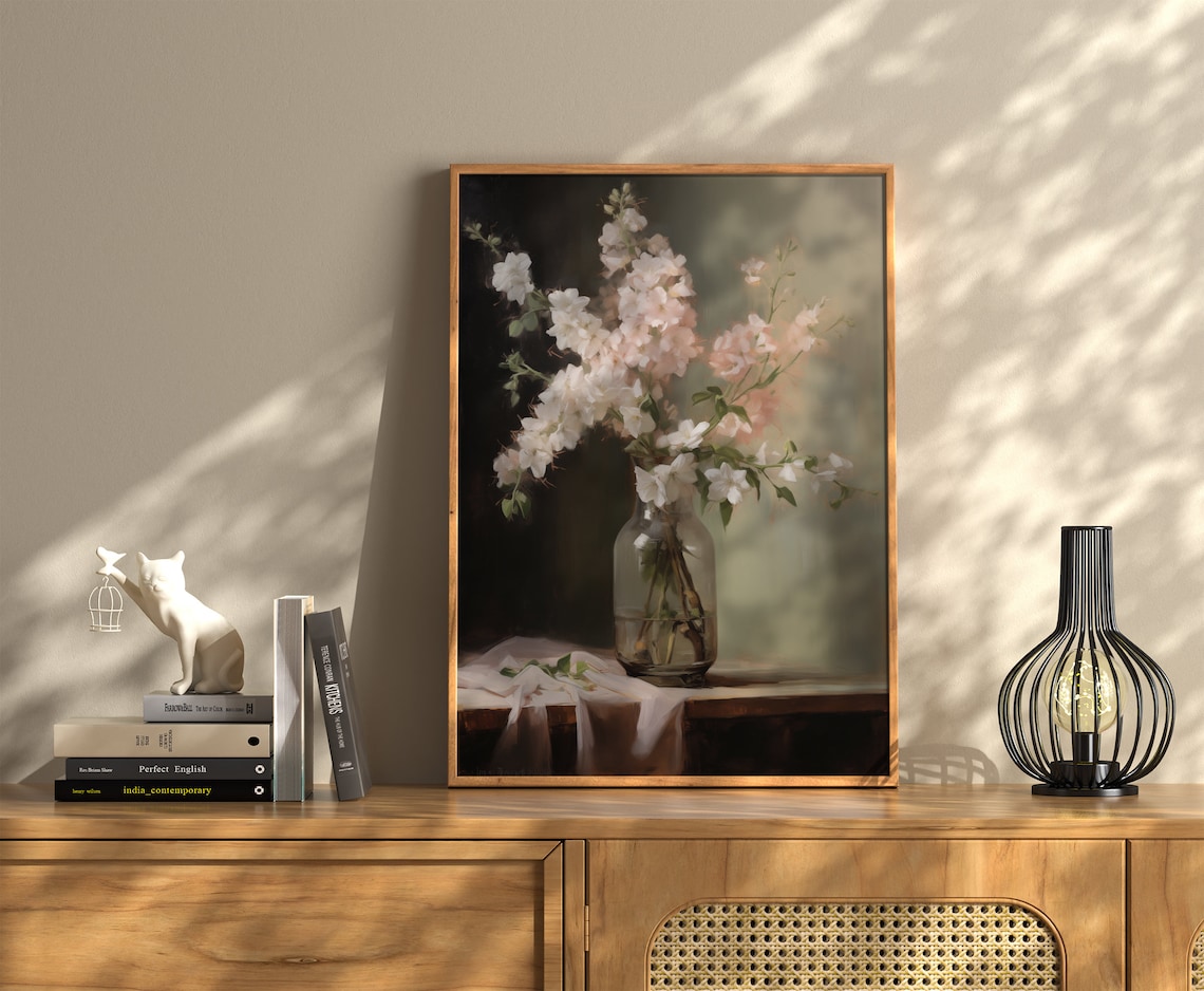 Blossom Branches in Glass Vase Classic Still Life Oil Poster - Image 3