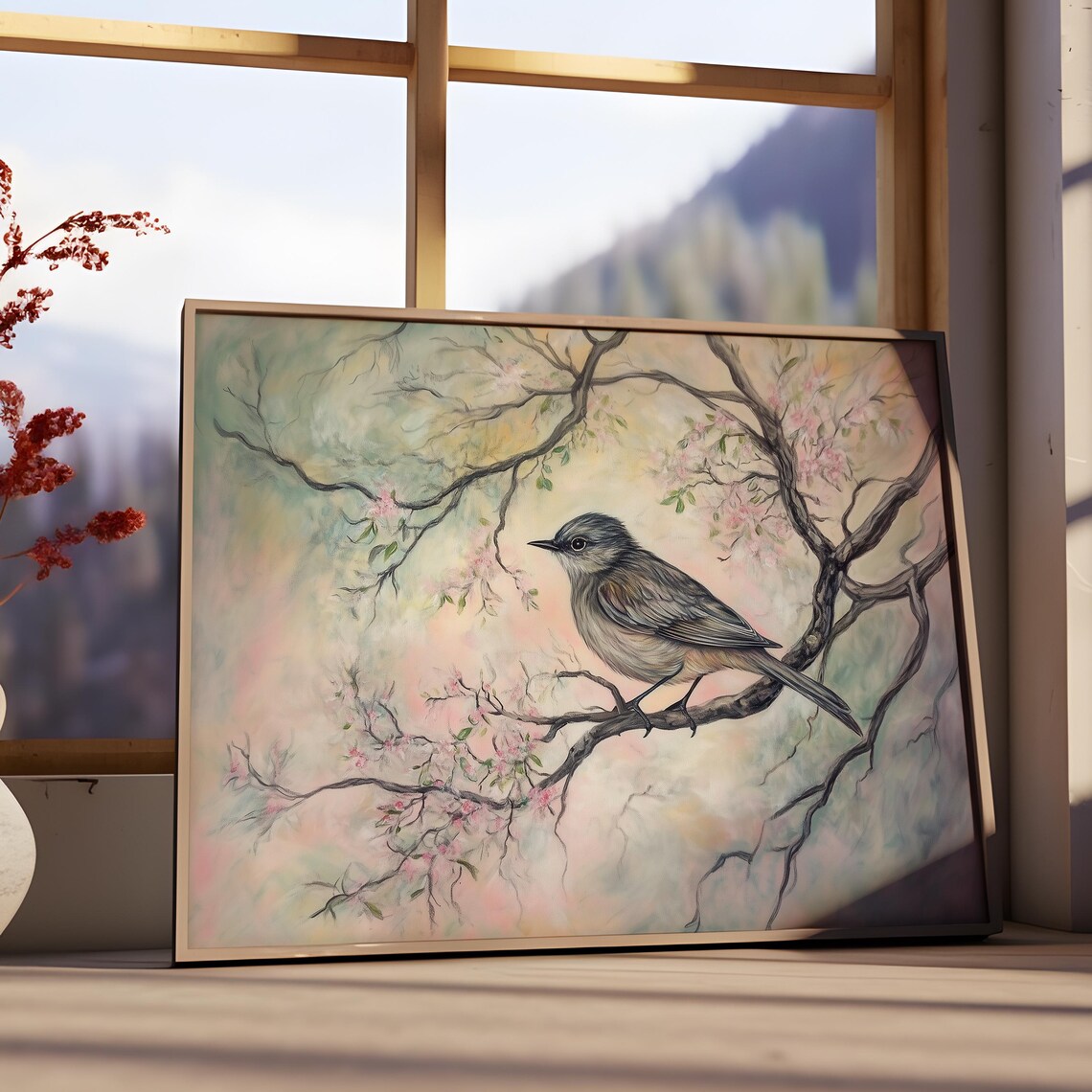 Gray Songbird On Cherry Blossom Branches Soft Pastel Spring Nature Poster - Image 3