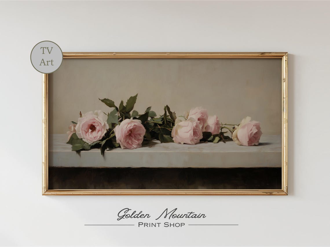 Pink Roses Ledge Cream Background Soft Elegant Floral Art Poster - Image 2