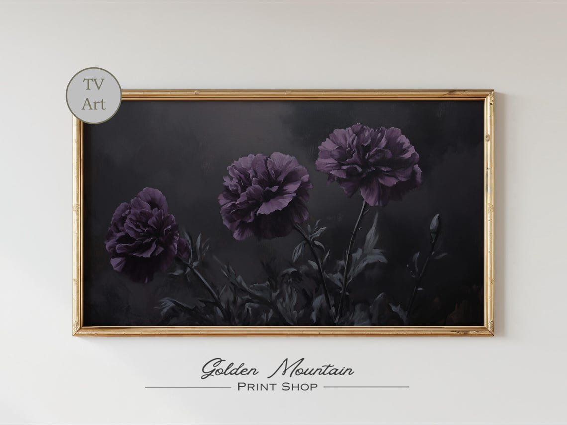 Dark Purple Carnation Blooms Moody Floral Still Life Painting Poster - Image 2