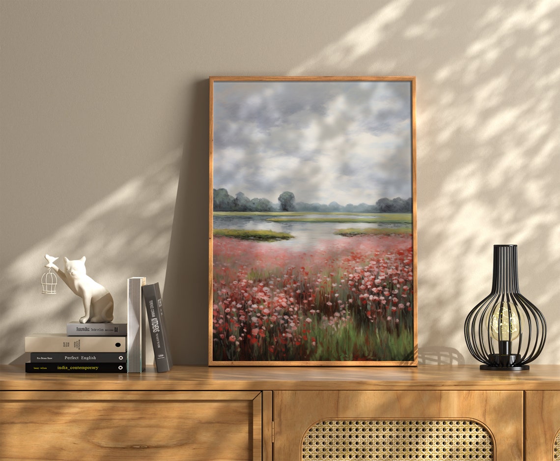 Pink Wildflower Meadow By The River Impressionist Flower Wall Art - Image 3