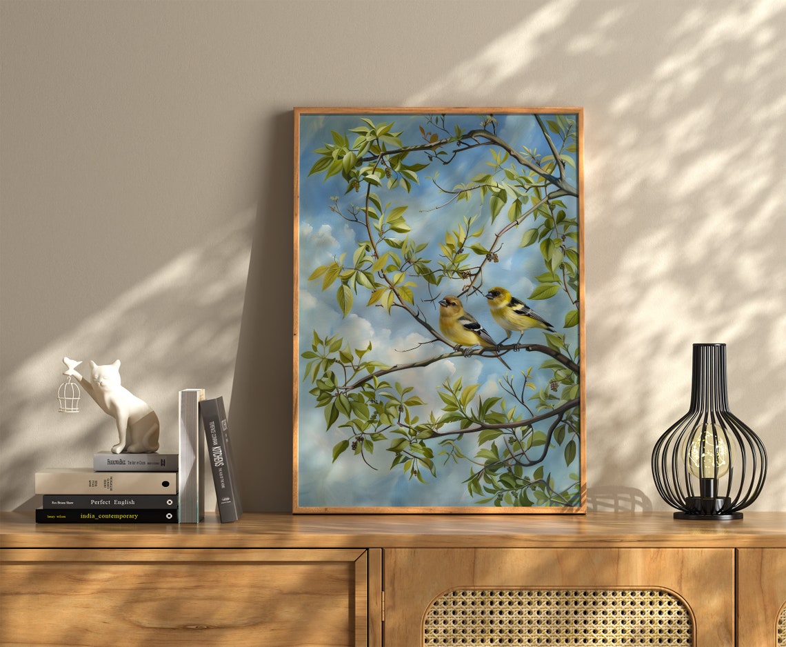 American Goldfinches Pair Spring Branch Blue Sky Bird Poster - Image 3