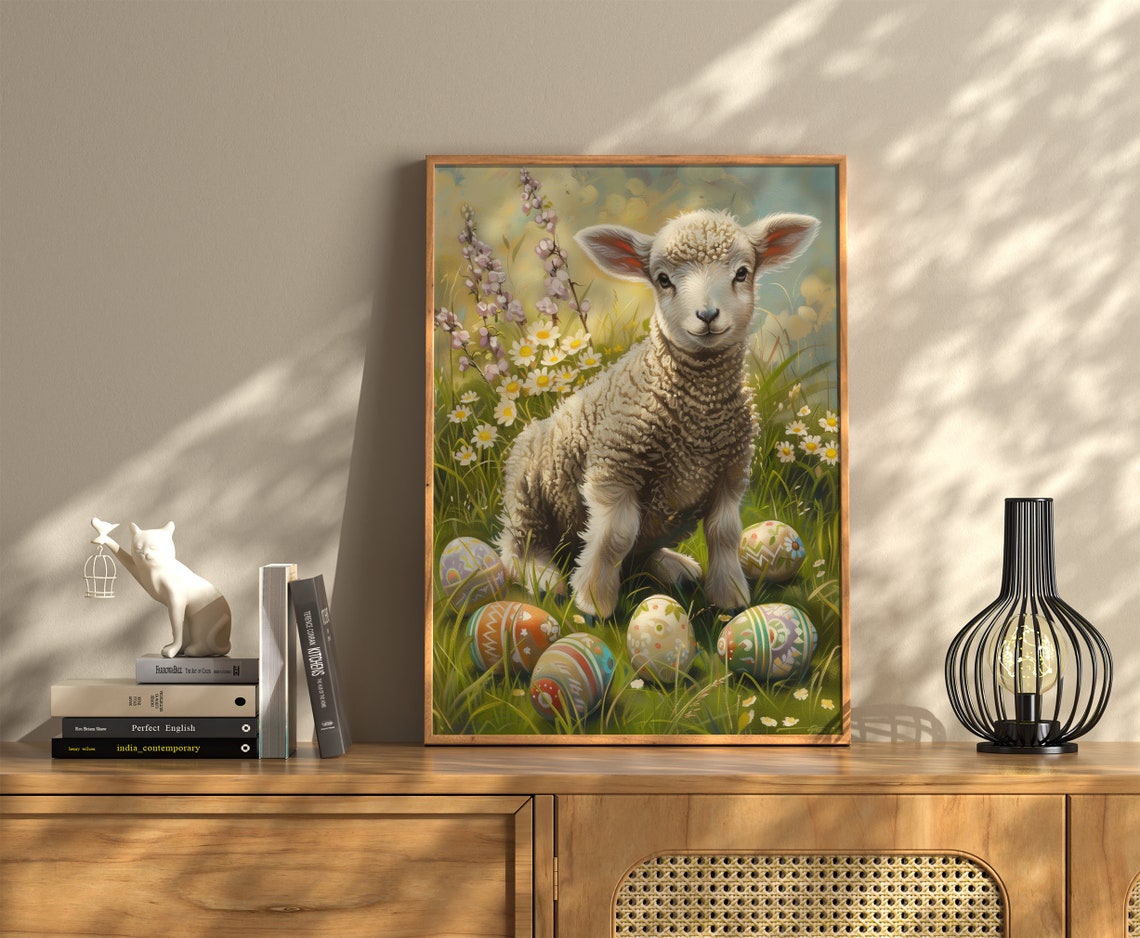 Cute Lamb Easter Painting Spring Daisies Farmhouse Decor Wall Art - Image 3