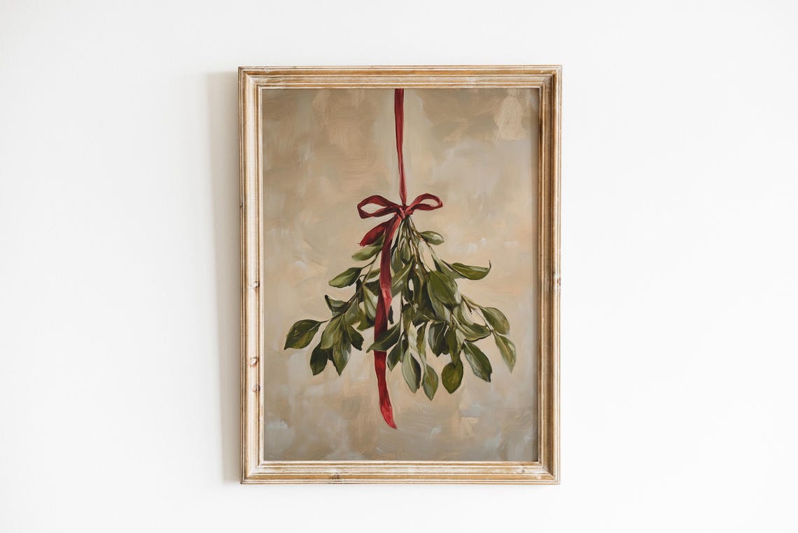 Mistletoe Red Bow Holiday Botanical Vintage Christmas Wall Art - Image 2