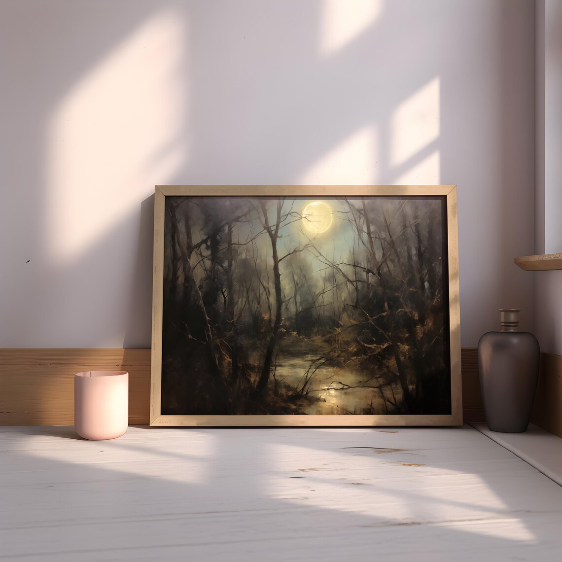 Full Moon Night Forest Bare Trees Pond Moody Autumn Woods Poster - Image 3