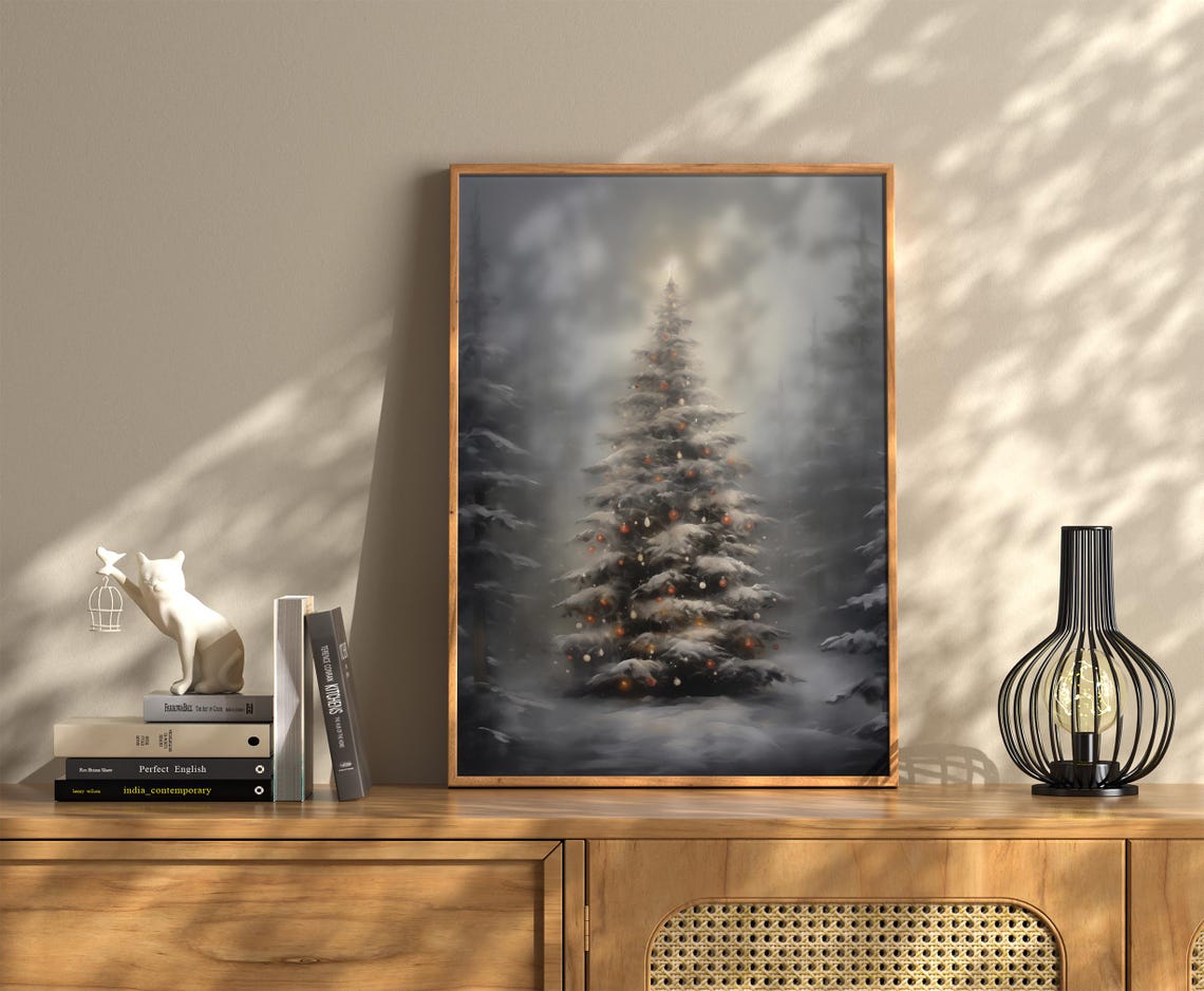 Elegant Snowy Christmas Tree Red Ornaments Winter Forest Poster - Image 2
