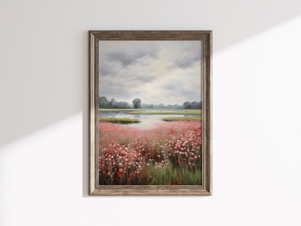 Pink Wildflower Meadow By The River Impressionist Flower Wall Art - Image 2