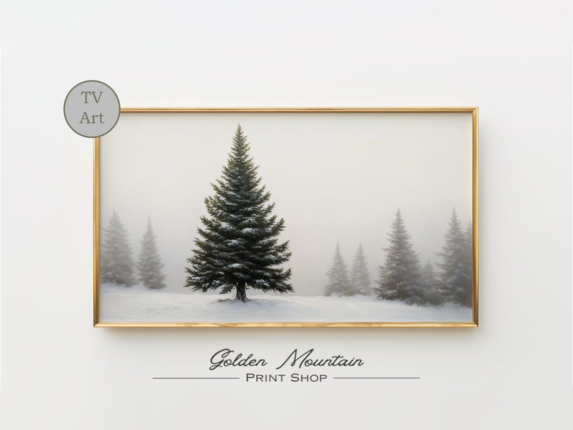 Snowy Pine Tree Foggy Field Winter Minimalist Nature TV Wall Art