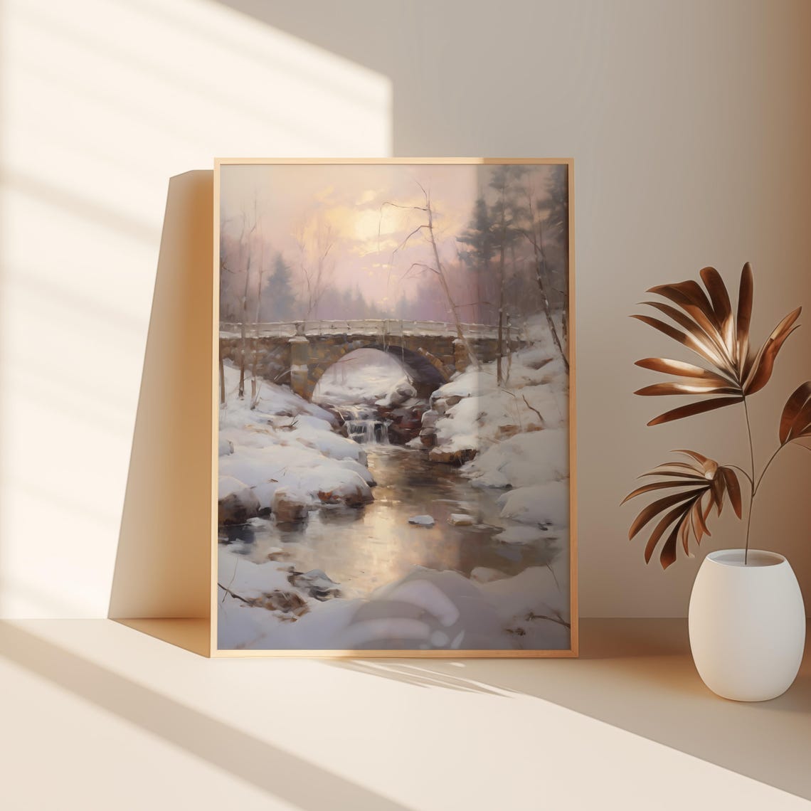 Snowy Stone Bridge Creek Sunset Winter Landscape Scenic Poster - Image 3