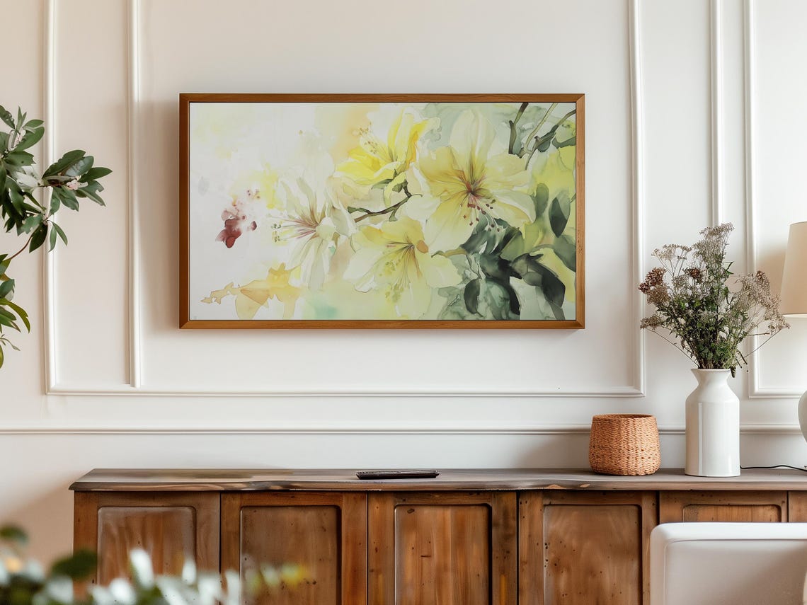 Yellow Lily Watercolor Bloom Bright Spring Frame TV Art Print - Image 3