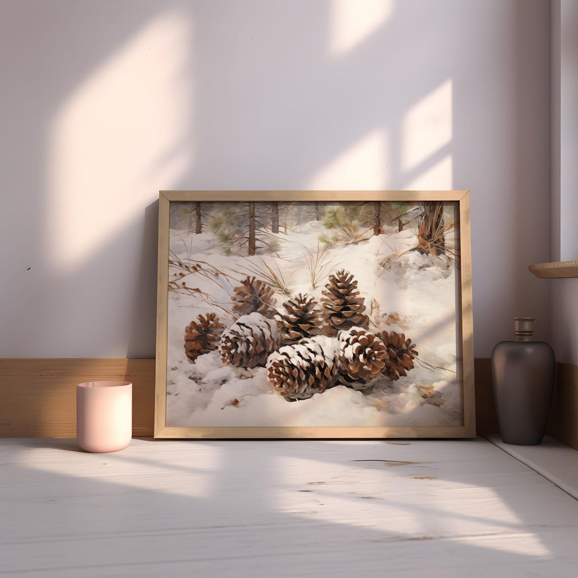 Snow Covered Pinecones Scattered In Winter Forest Still Life Poster - Image 2