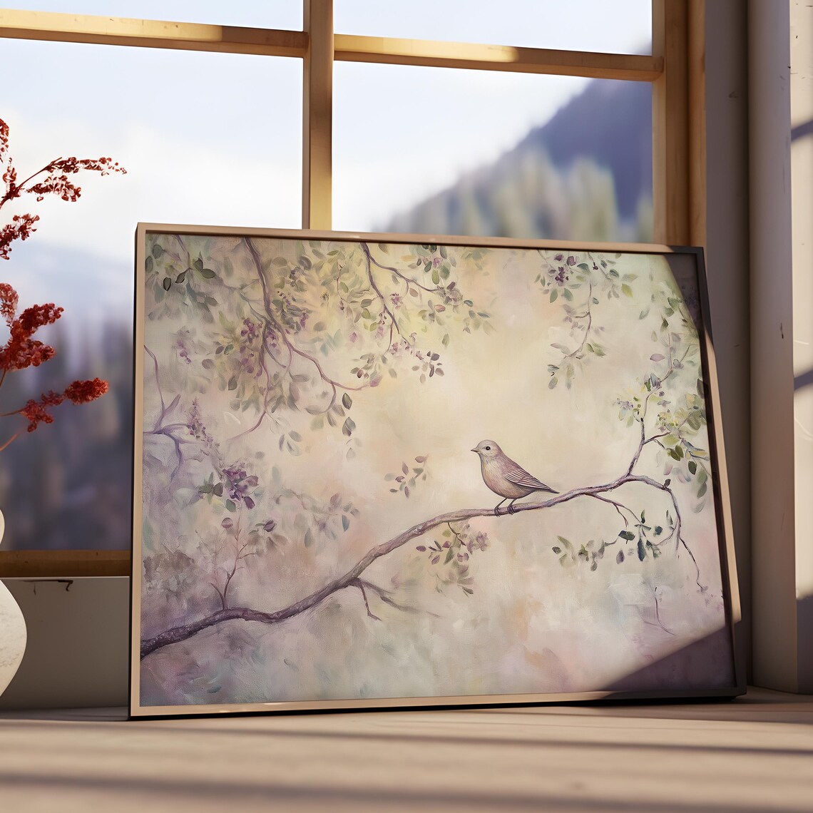 Gray Songbird On Thin Branch Lavender Blossom Background Soft Spring Poster - Image 3