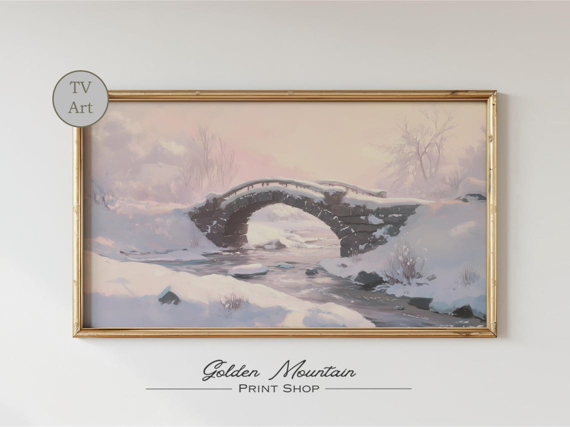 Stone Bridge Over Snowy Creek Winter Dawn Pink Sky TV Wall Art - Image 2