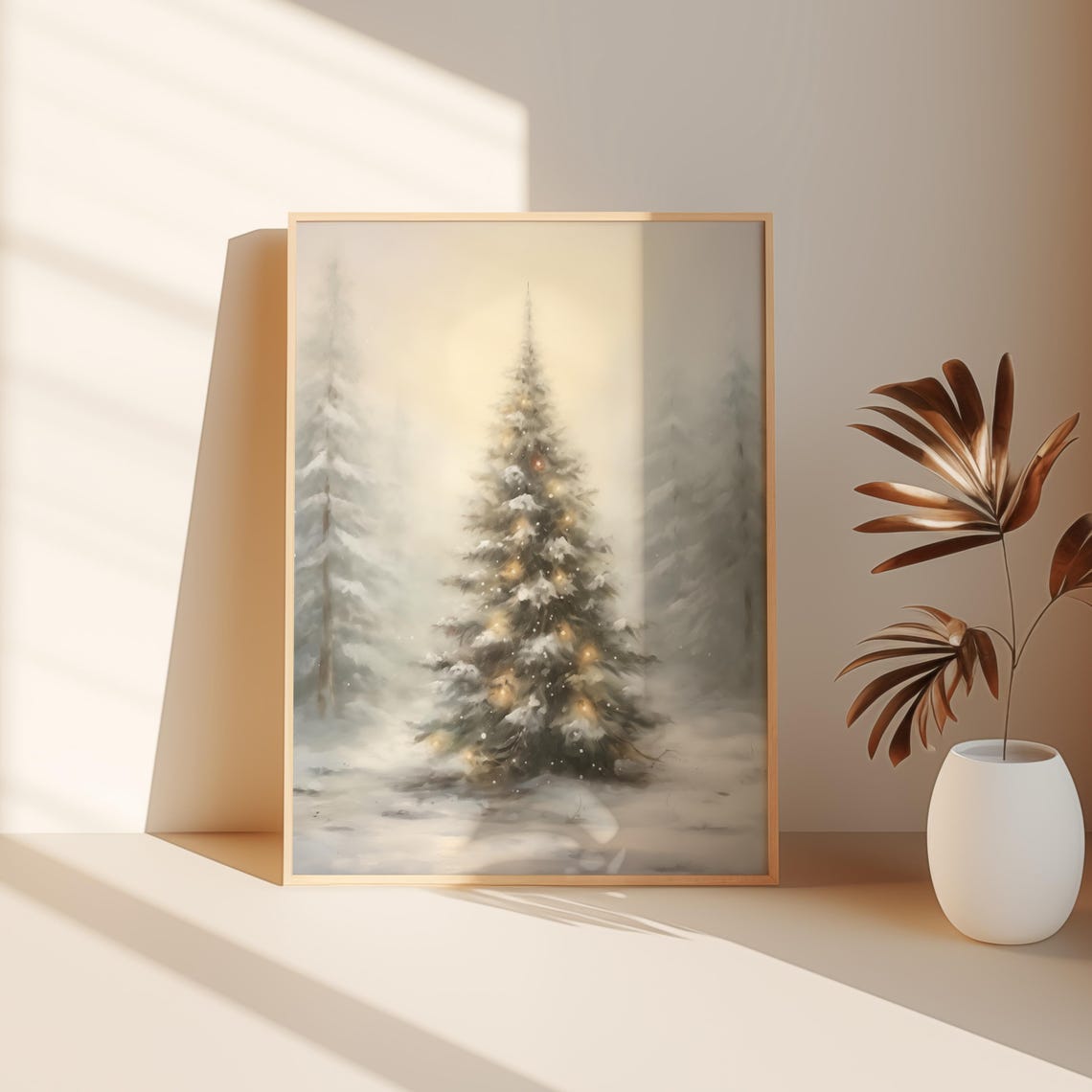 Soft White Christmas Tree Warm Lights Serene Misty Snowfall Poster - Image 2