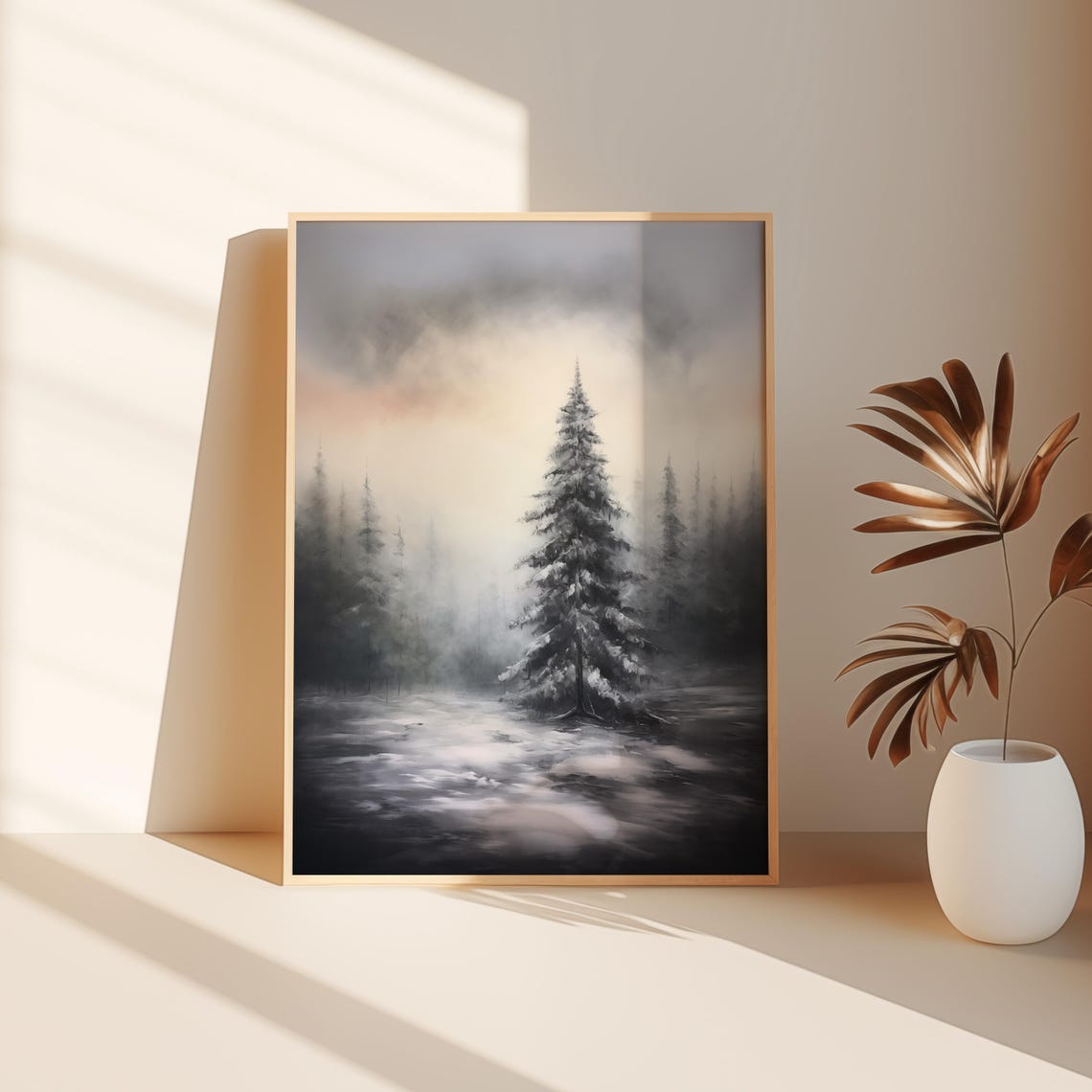 Snowy Pine Forest Single Tall Evergreen Misty Winter Wall Art - Image 3