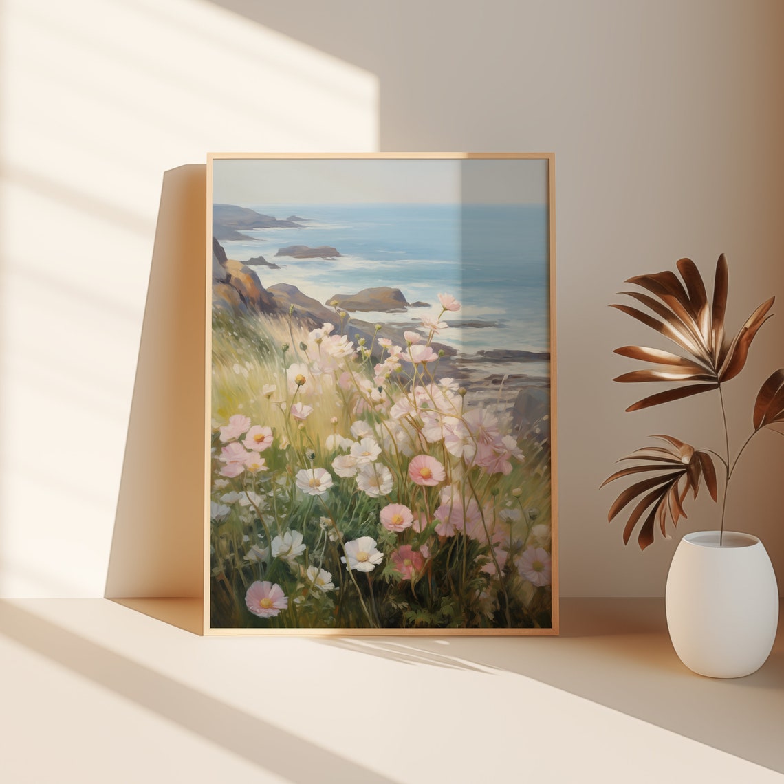 Pink Cosmos Wildflowers On Coastal Cliff Overlooking Ocean Poster - Image 3
