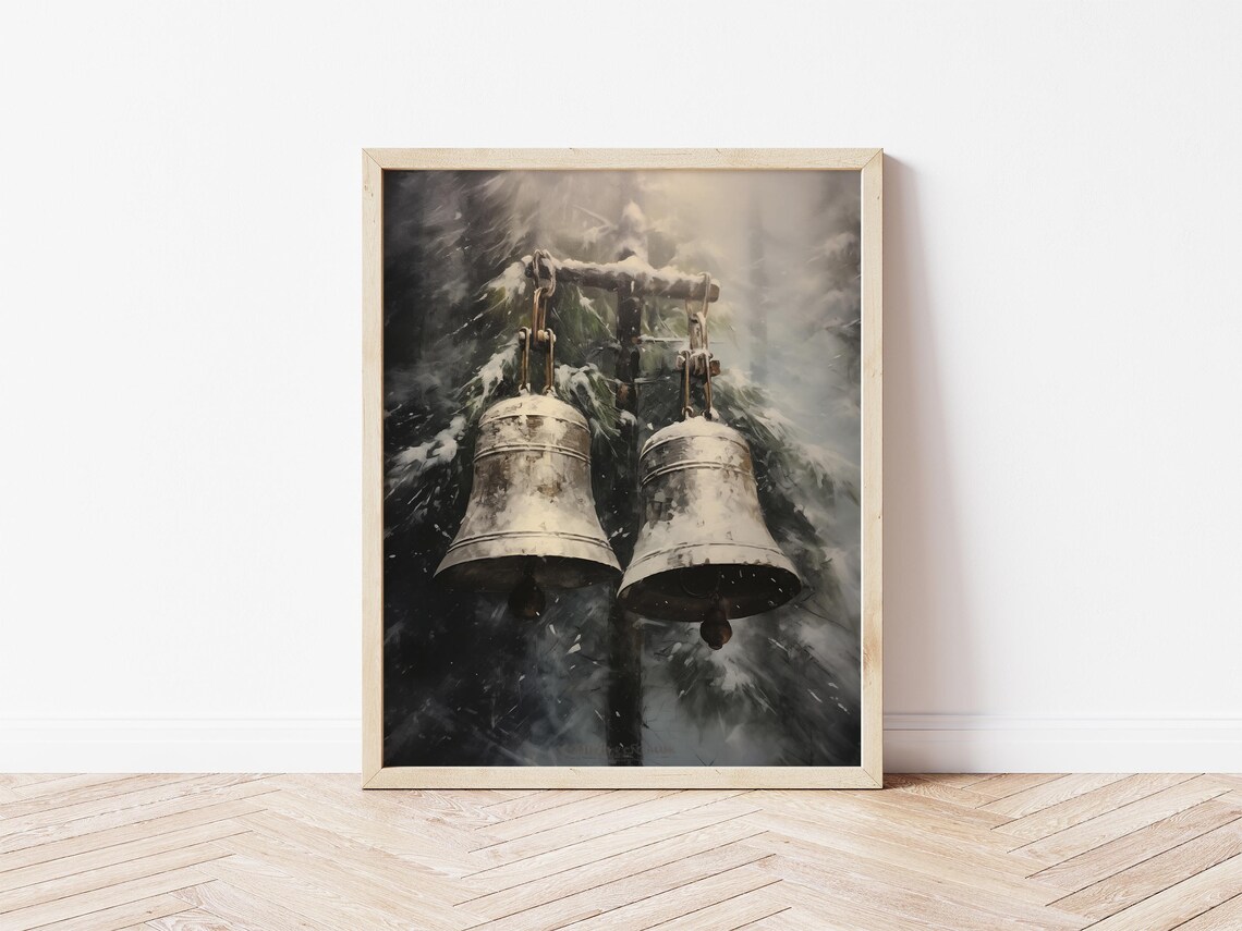 Antique Metal Bells Snowy Beam Dark Winter Forest Vintage Poster - Image 2