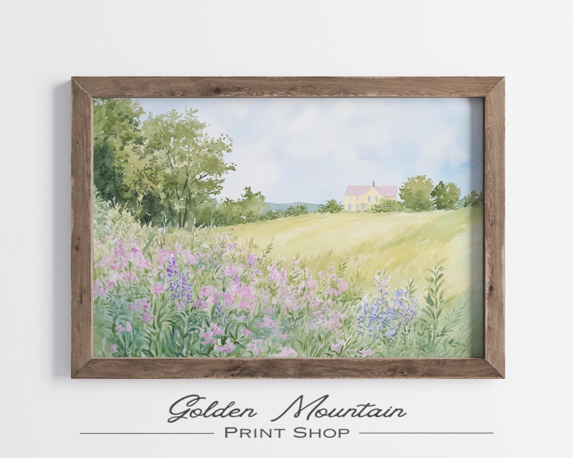 Spring Meadow Pink Wildflower Field Yellow House Watercolor Poster - Image 2