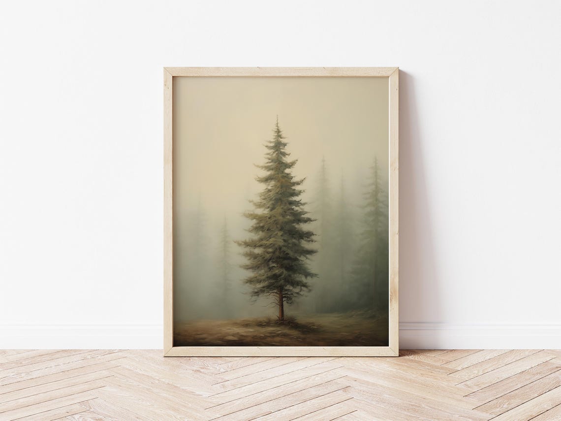 Tall Pine Tree In Fog Neutral Beige Forest Moody Minimalist Poster - Image 2