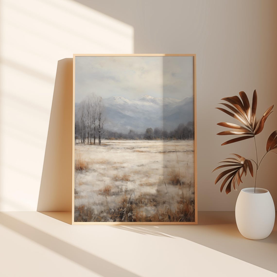 Snowy Winter Meadow Mountain Landscape Soft Neutral Wall Art - Image 3