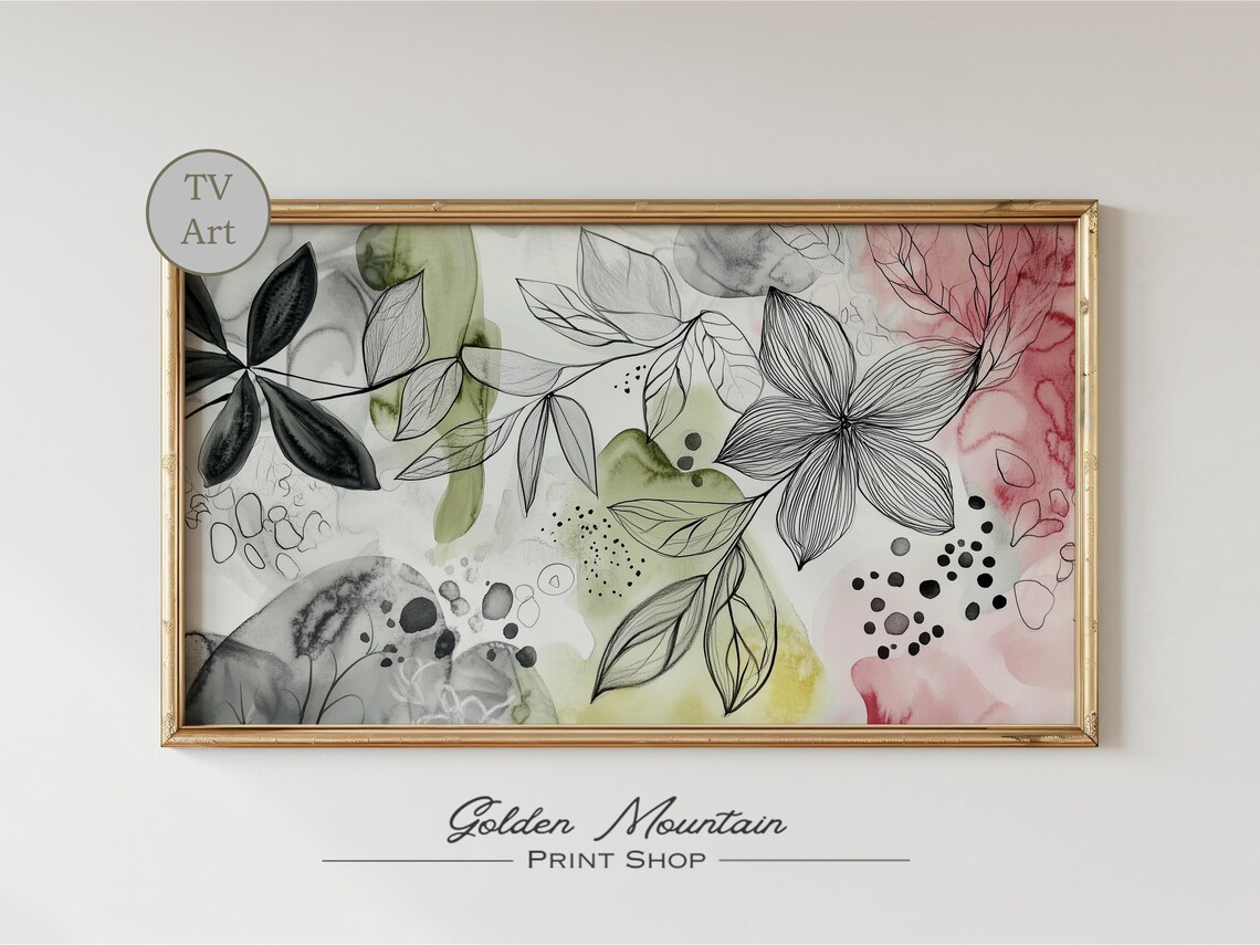 Abstract Wildflower Line Art Watercolor Floral Frame TV Art Print - Image 2