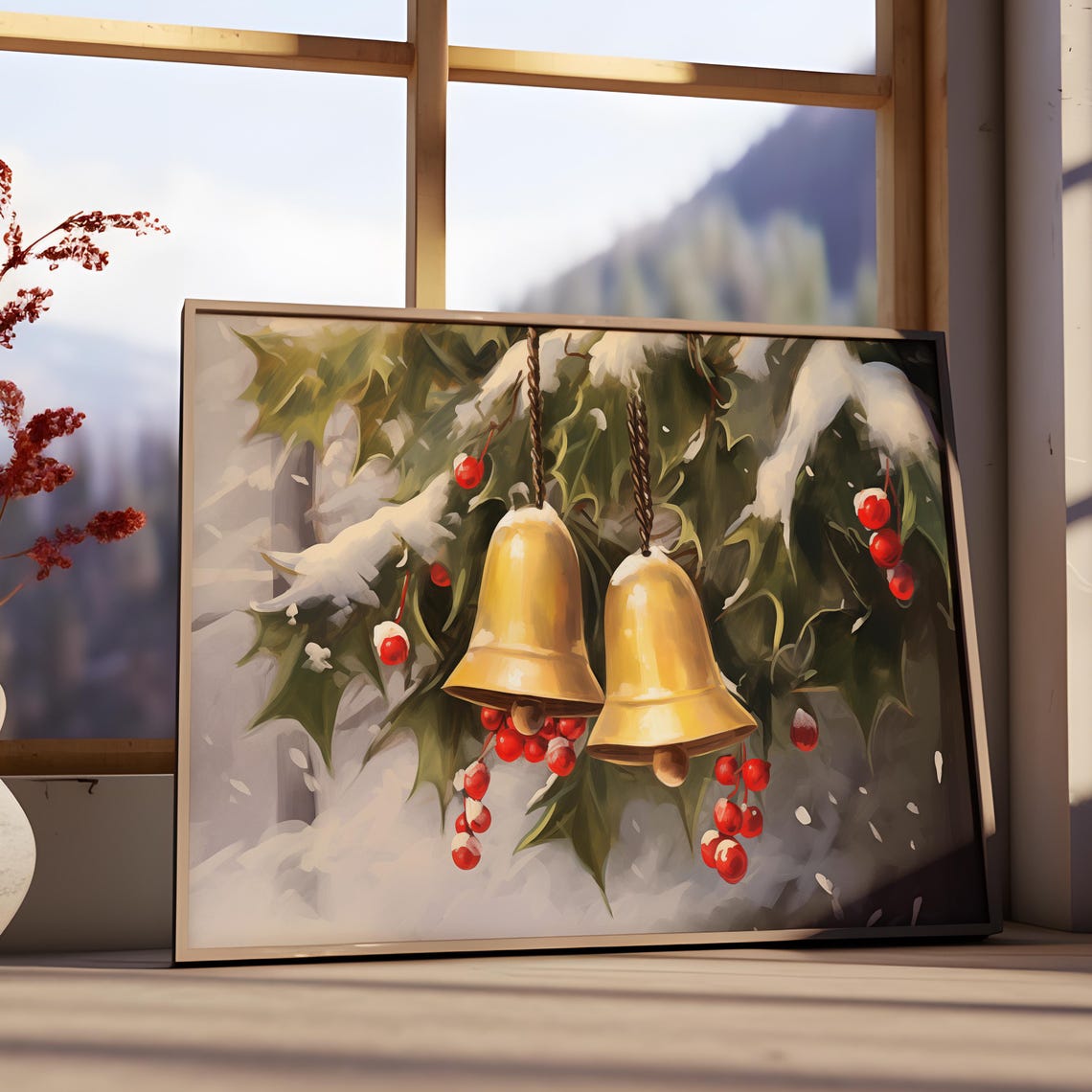 Golden Jingle Bells And Red Berries On Snowy Pine Branch Poster - Image 3
