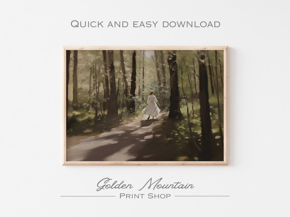 Moody Dark Forest Path Woman in White Vintage Oil Painting Poster - Image 3