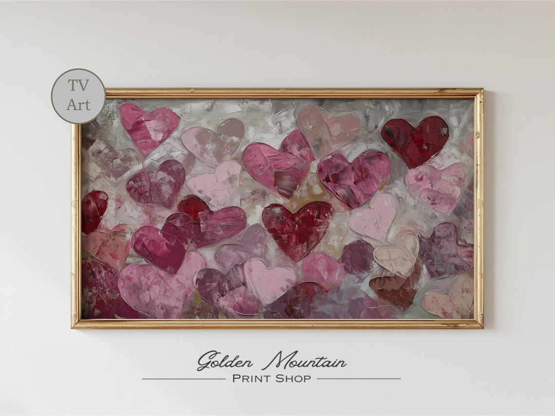 Pink Red Painted Hearts Abstract Impasto Romantic Texture Poster - Image 2