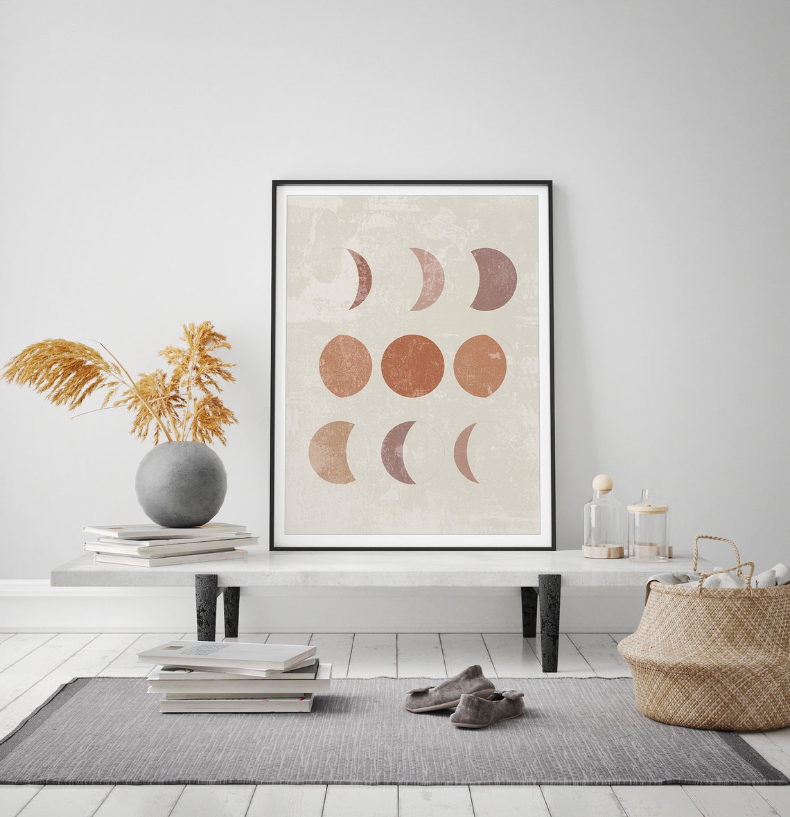 Terracotta Boho Moon Phases Poster with Nine Lunar Cycle Illustrations