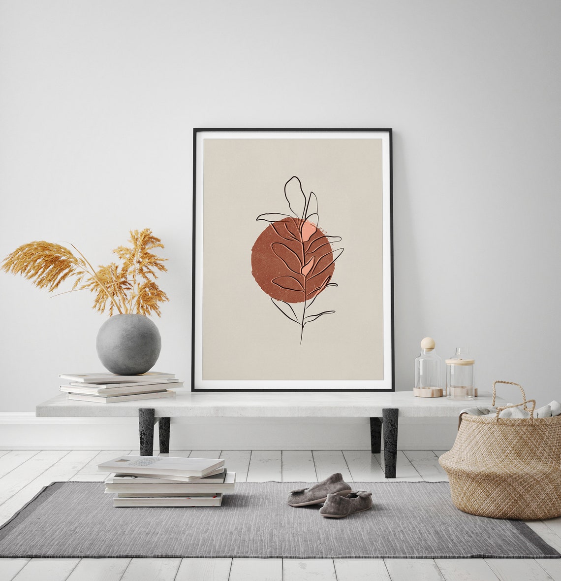 Terracotta Sun Circle Leaf Line Drawing Minimalist Beige Art Poster