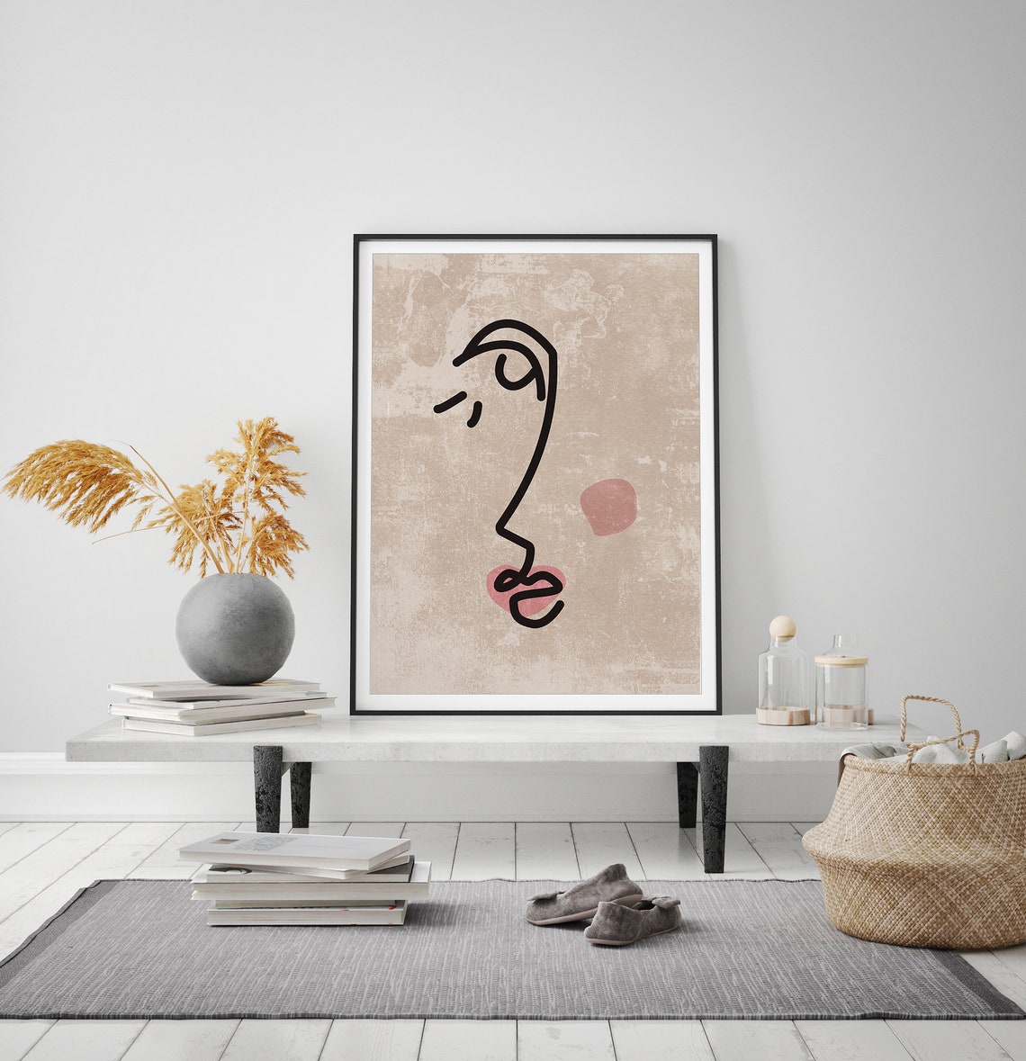 One Line Face Drawing Abstract Female Face Print Abstract Art Continuous Line Black Beige Wall Art Minimal Wall Art - Image 2