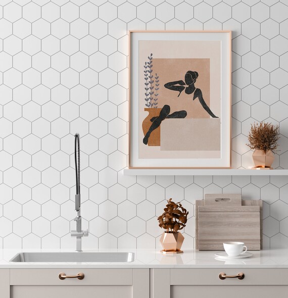 Abstract Black Woman Sitting Earth Tone Mid Century Wall Poster