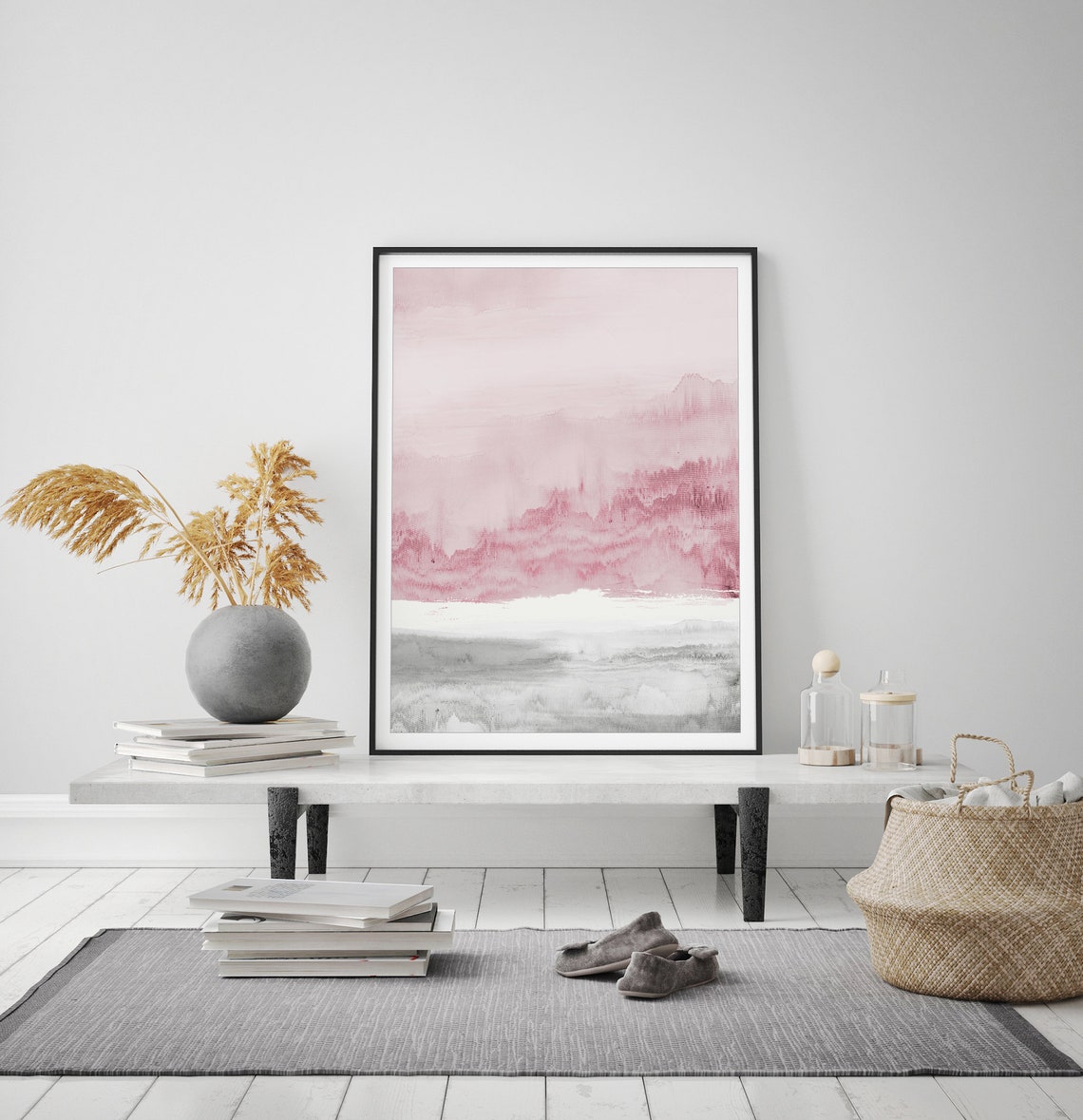 Blush Pink Grey Watercolor Abstract Landscape Minimalist Art Poster