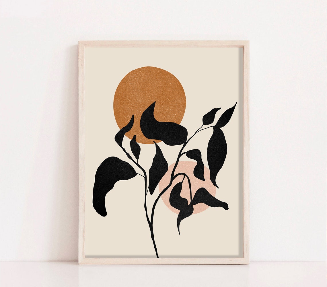 Black Leaf Silhouette Copper Sun Abstract Botanical Art Poster