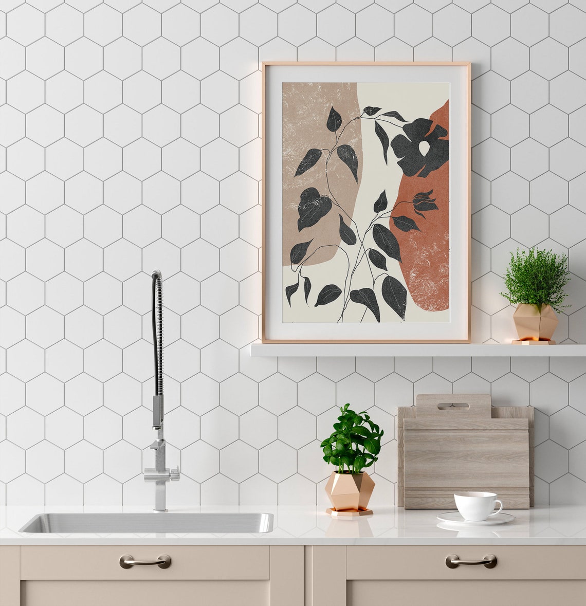 Neutral Botanical Line Art Leaves Modern Boho Minimalist Wall Poster