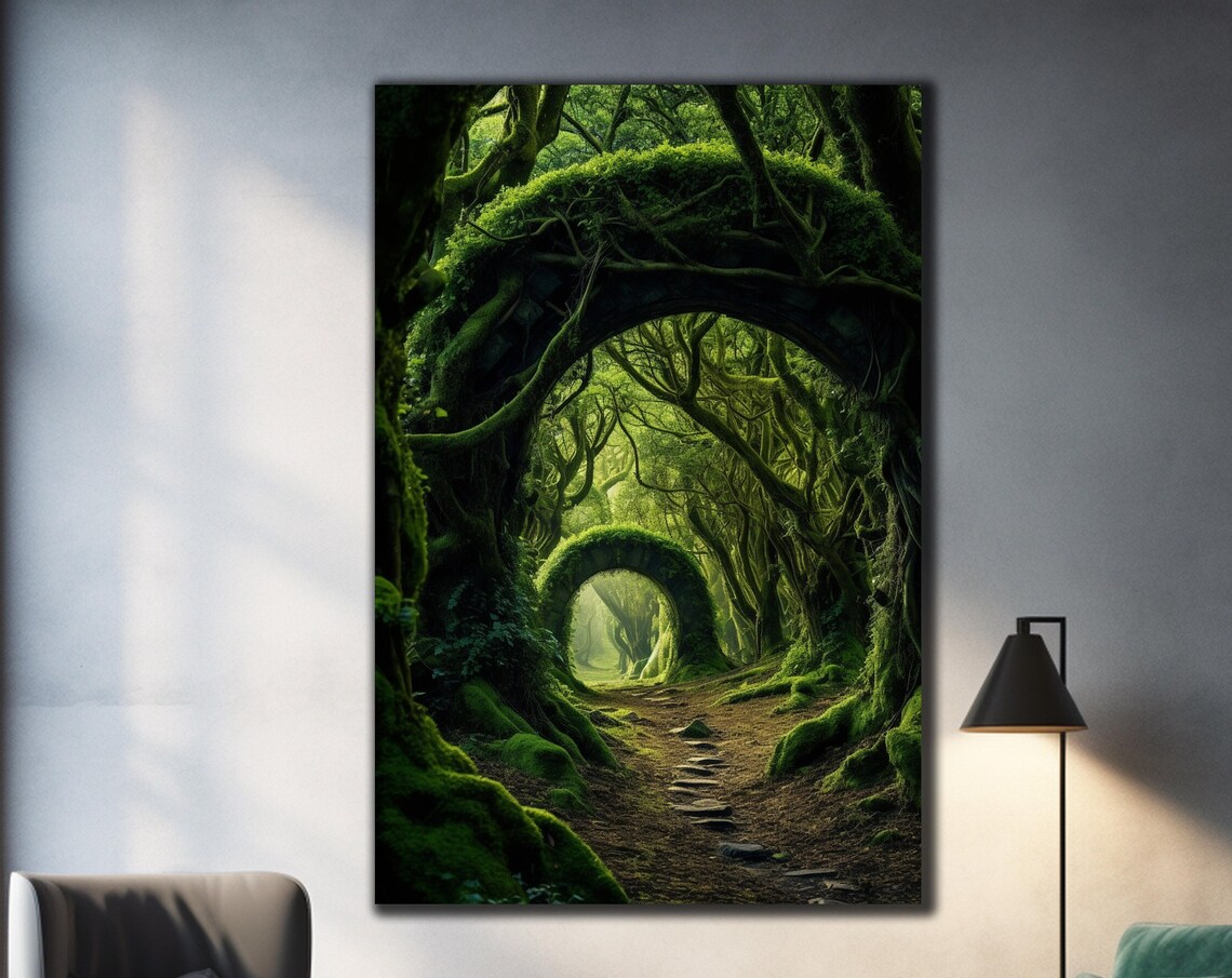 Enchanted Mossy Forest Archway Tunnel Lush Green Path Nature Poster
