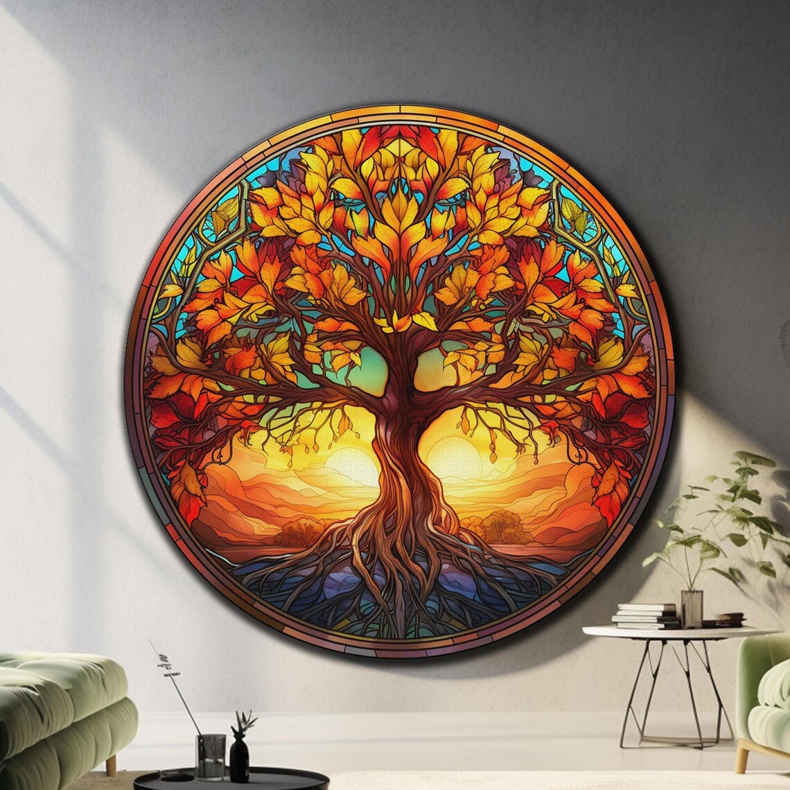 Tree of Life Round Stained Glass Fiery Sunset Autumn Wall Art Poster