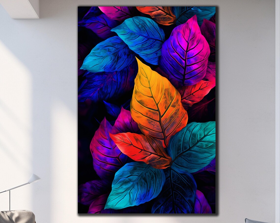 Vibrant Neon Stained Glass Leaves Colorful Botanical Art Glass Poster