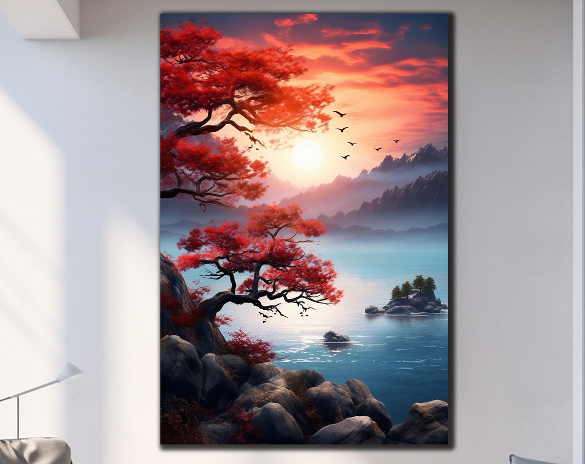 Red Maple Trees Rocky Shore Sunset Mountain Lake Landscape Poster