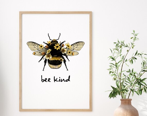 Bee Kind Bumblebee Quote Poster with Watercolor Floral Bee Decor