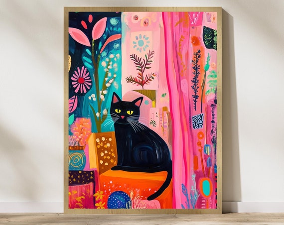 Black Cat With Bright Florals Art Print, Preppy Decor