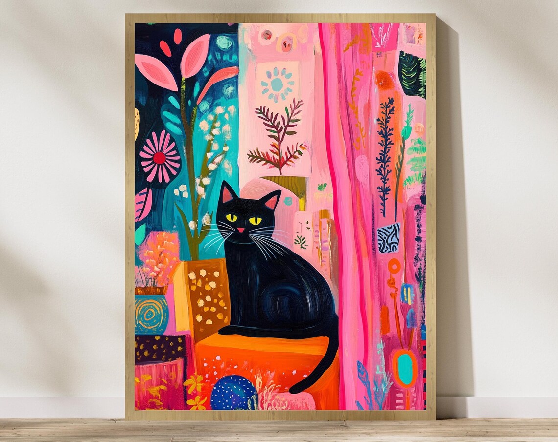 Black Cat With Bright Florals Art Print, Preppy Decor