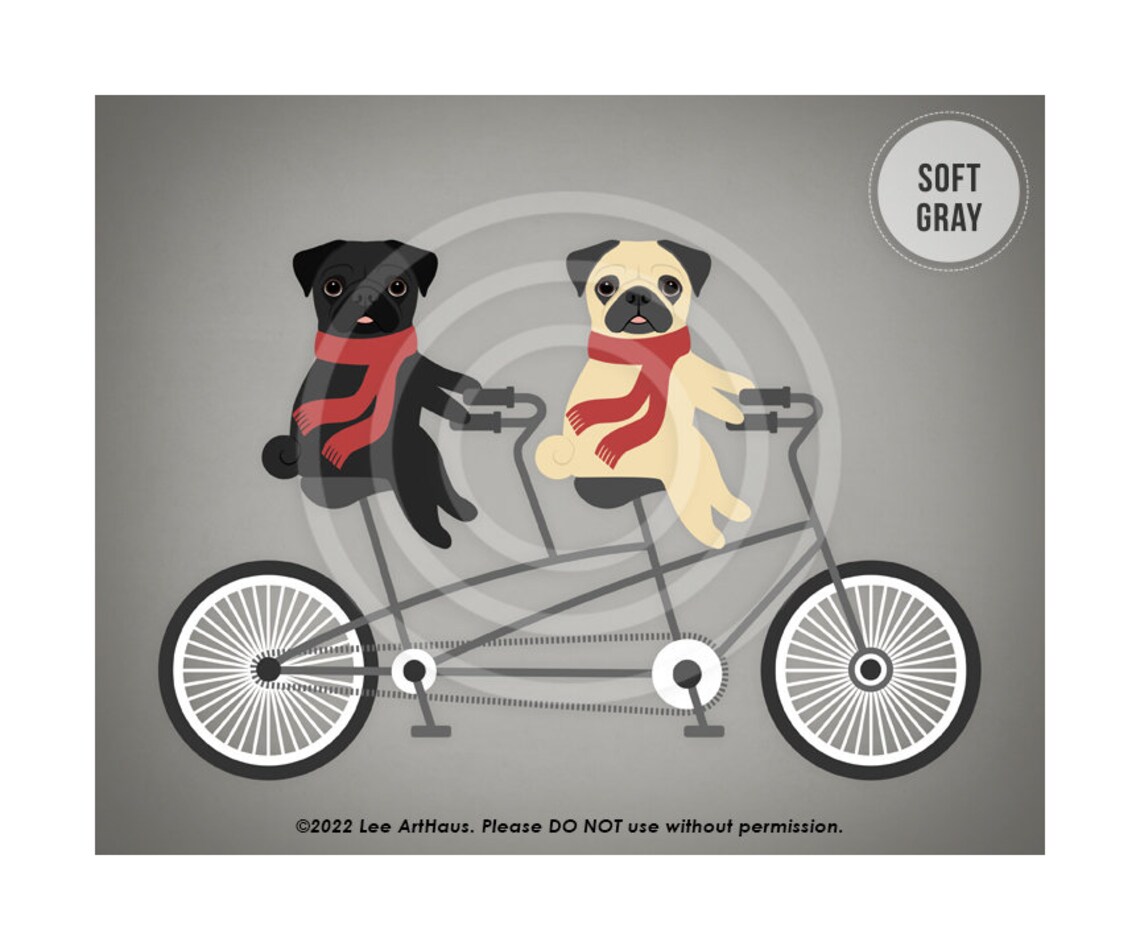 Two Pugs Riding Red Tandem Bicycle Red Scarves Vintage Dog Poster - Image 3