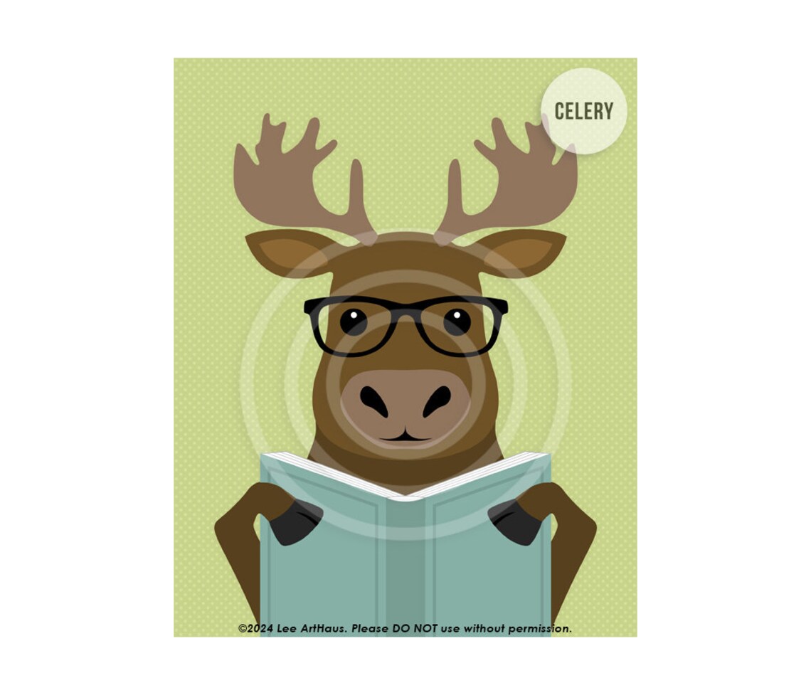 Cute Moose Reading Book With Glasses Aqua Woodland Animal Kids Room Poster - Image 6