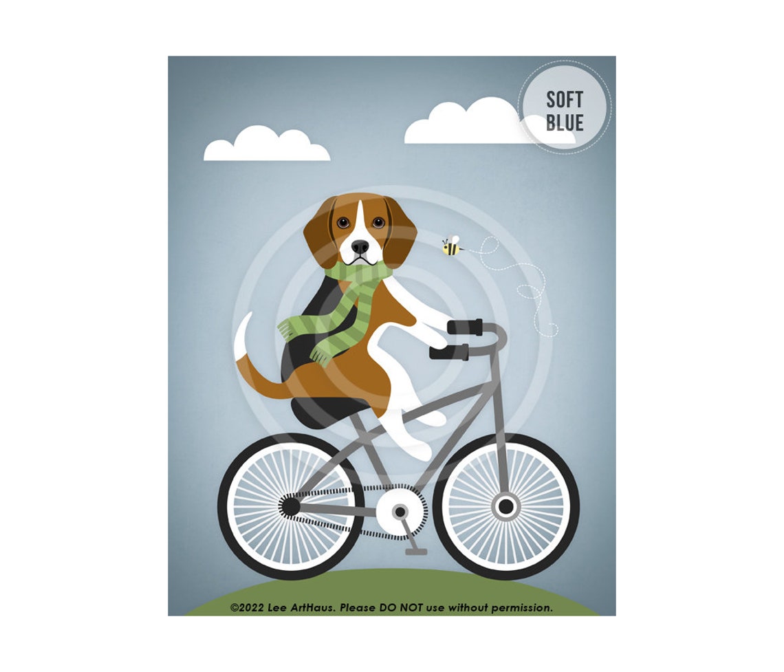 Beagle Riding Vintage Bicycle Green Scarf Retro Illustration Poster - Image 2