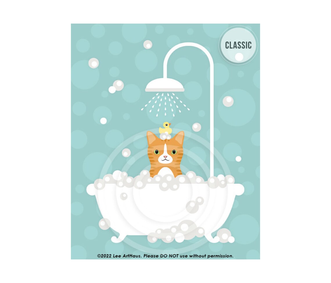 Orange Tabby Cat Bubble Bath Shower Rubber Duck Cute Cat Wall Art Poster