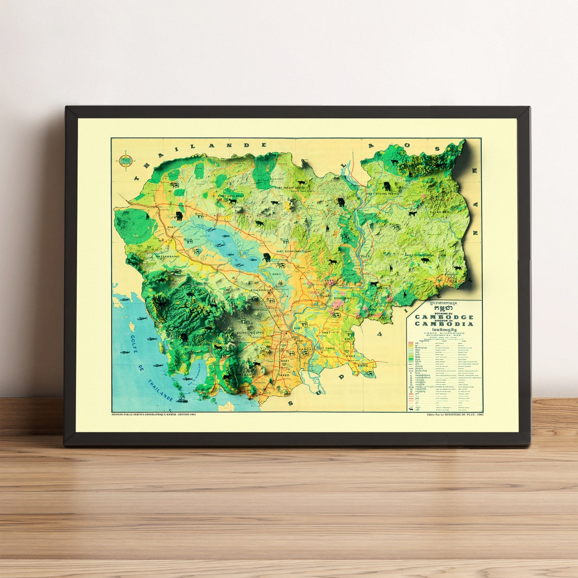 Old Cambodia 1964 Vintage Relief Map Green Topographic Wall Art - Image 3