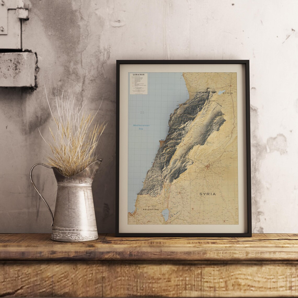 Antique Lebanon 1983 Vintage Sepia Topographic Relief Map Wall Art - Image 2